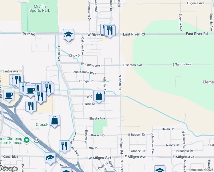 map of restaurants, bars, coffee shops, grocery stores, and more near 195 Haller Court in Ripon