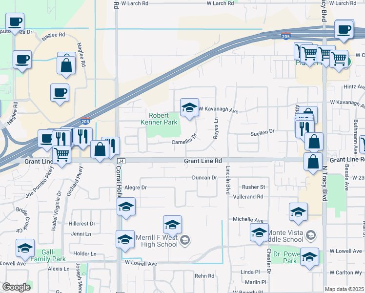 map of restaurants, bars, coffee shops, grocery stores, and more near 2525 Travao Lane in Tracy