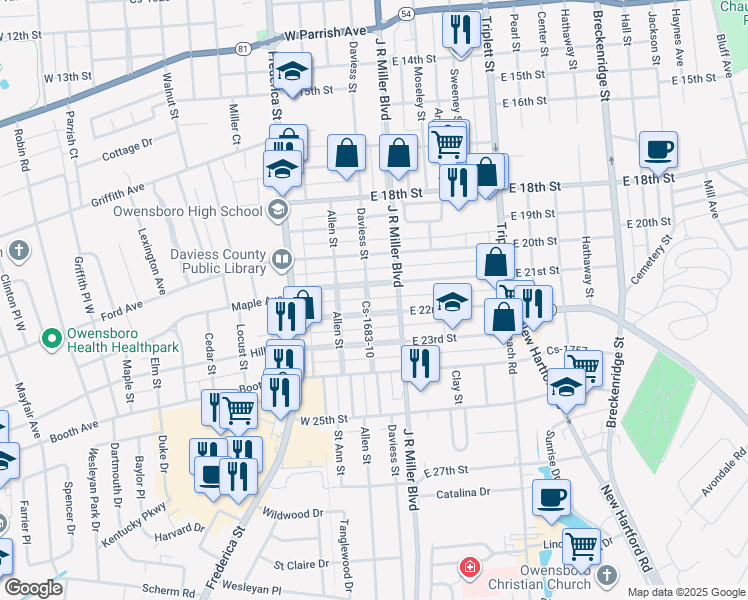 map of restaurants, bars, coffee shops, grocery stores, and more near 2119 Daviess Street in Owensboro