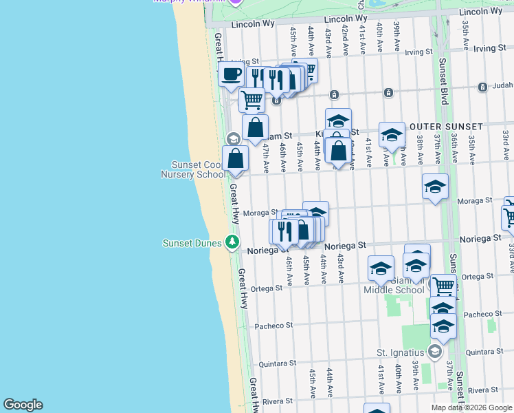 map of restaurants, bars, coffee shops, grocery stores, and more near 1685 48th Avenue in San Francisco