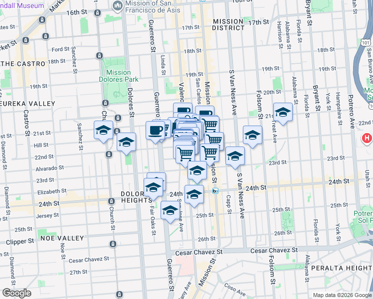 map of restaurants, bars, coffee shops, grocery stores, and more near Valencia Street in San Francisco