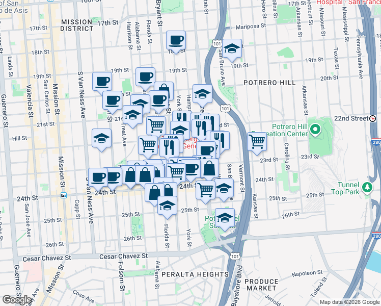 map of restaurants, bars, coffee shops, grocery stores, and more near 1075 Hampshire Street in San Francisco
