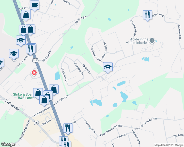 map of restaurants, bars, coffee shops, grocery stores, and more near 143 Airview Drive in Elizabethtown