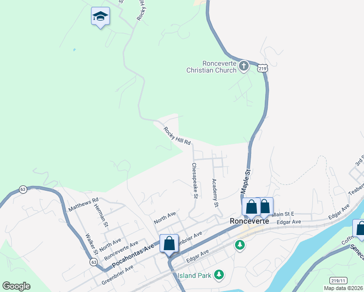 map of restaurants, bars, coffee shops, grocery stores, and more near 173 Rocky Hill Road in Ronceverte