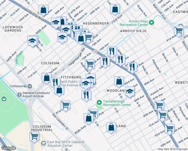 map of restaurants, bars, coffee shops, grocery stores, and more near 1212 79th Avenue in Oakland