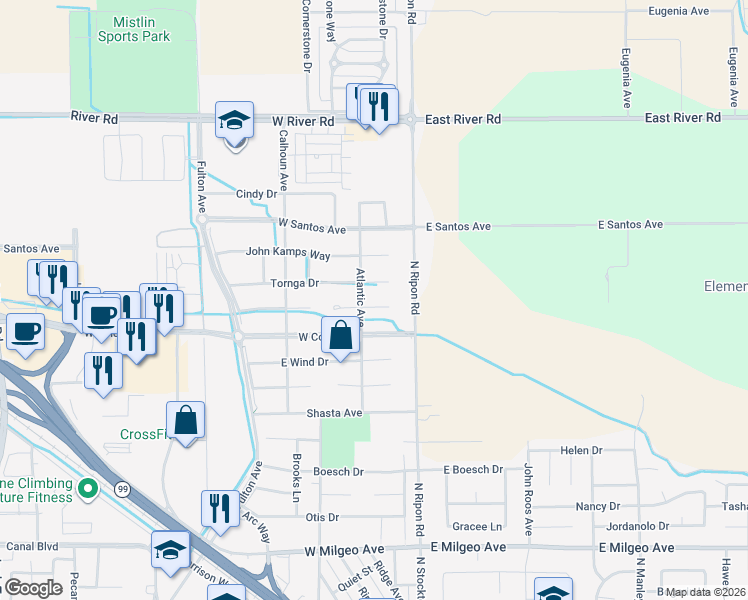 map of restaurants, bars, coffee shops, grocery stores, and more near 195 Haller Court in Ripon