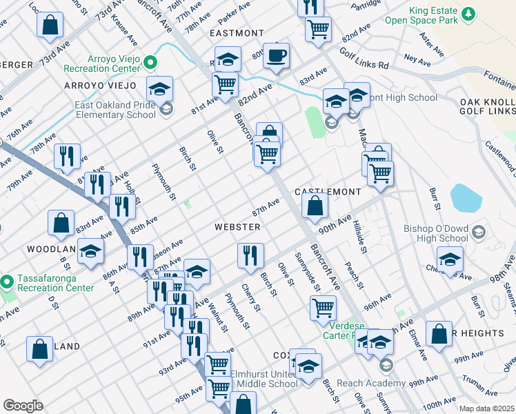 map of restaurants, bars, coffee shops, grocery stores, and more near 2001 87th Avenue in Oakland