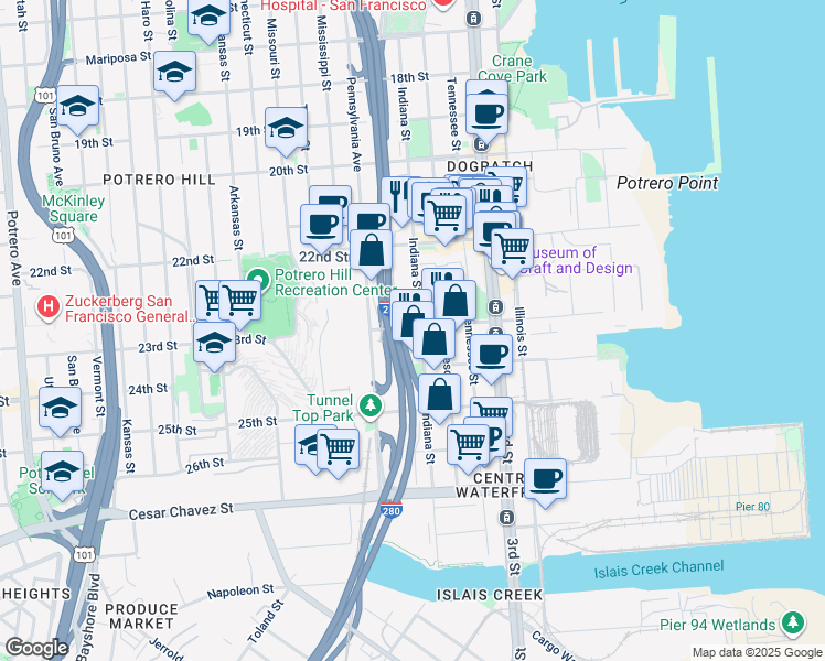 map of restaurants, bars, coffee shops, grocery stores, and more near 1200 Indiana Street in San Francisco