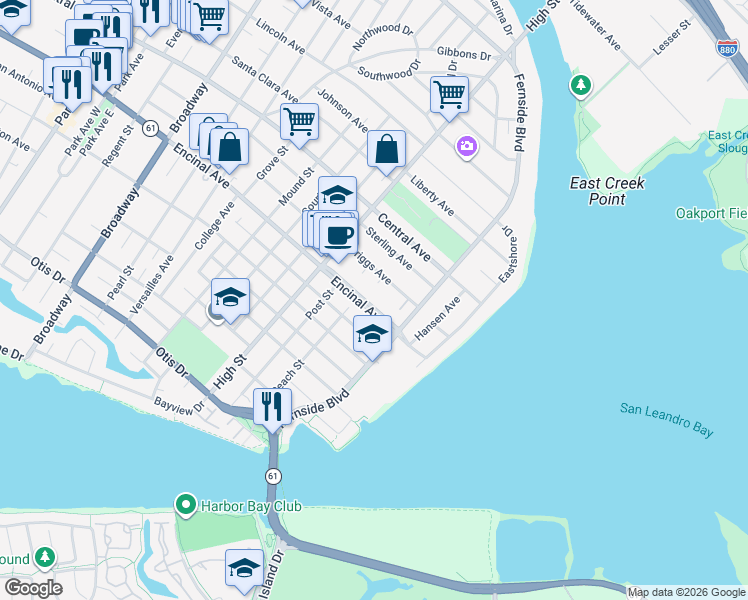 map of restaurants, bars, coffee shops, grocery stores, and more near 3259 Encinal Avenue in Alameda