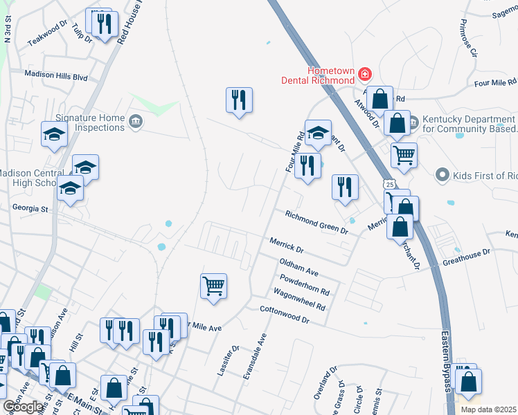 map of restaurants, bars, coffee shops, grocery stores, and more near 5020 South Cross Point Court in Richmond