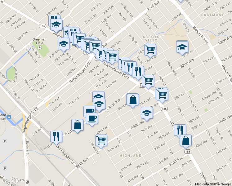 map of restaurants, bars, coffee shops, grocery stores, and more near 1234 80th Avenue in Oakland