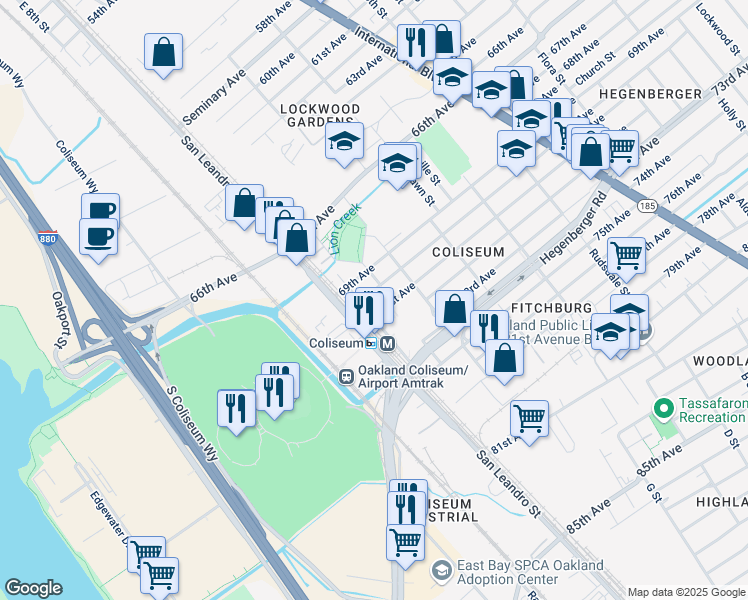 map of restaurants, bars, coffee shops, grocery stores, and more near 805 70th Avenue in Oakland