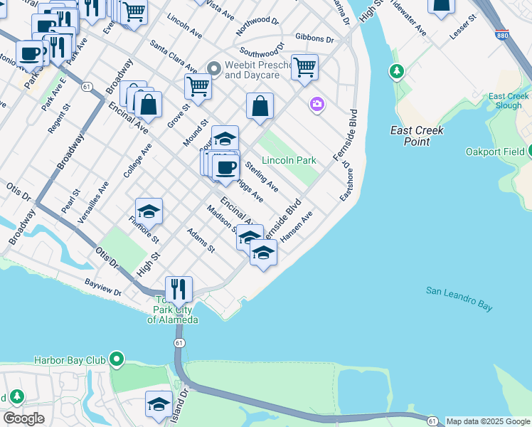 map of restaurants, bars, coffee shops, grocery stores, and more near 3284 Briggs Avenue in Alameda
