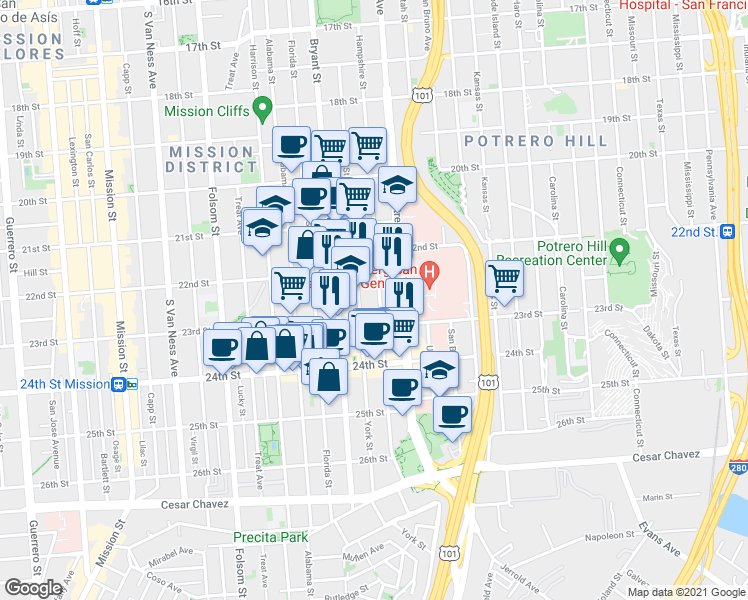 map of restaurants, bars, coffee shops, grocery stores, and more near 1075 Hampshire Street in San Francisco