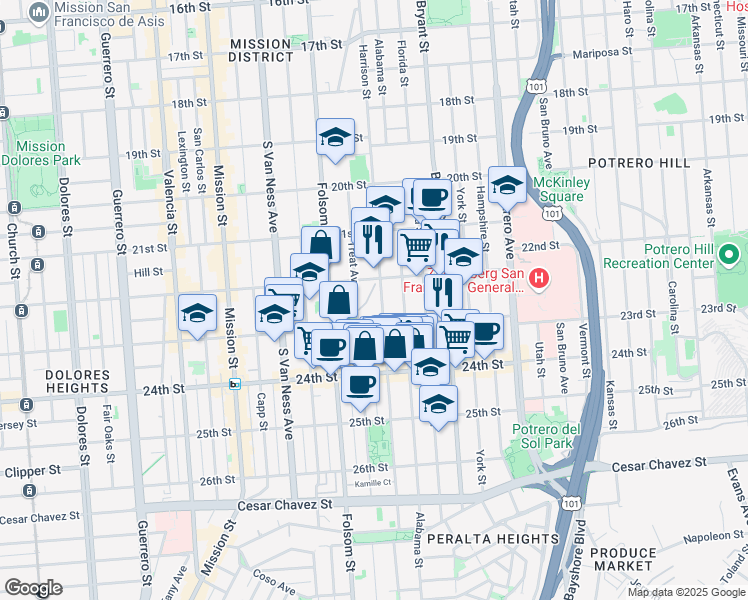 map of restaurants, bars, coffee shops, grocery stores, and more near 2887 22nd Street in San Francisco