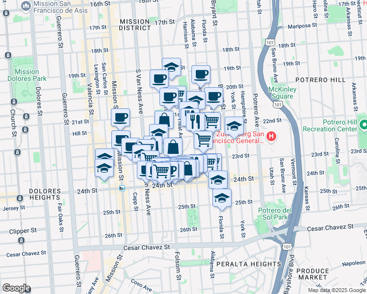 map of restaurants, bars, coffee shops, grocery stores, and more near 986-998 Treat Avenue in San Francisco