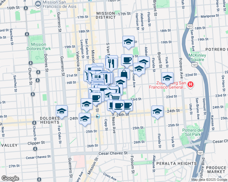 map of restaurants, bars, coffee shops, grocery stores, and more near 1136 South Van Ness Avenue in San Francisco