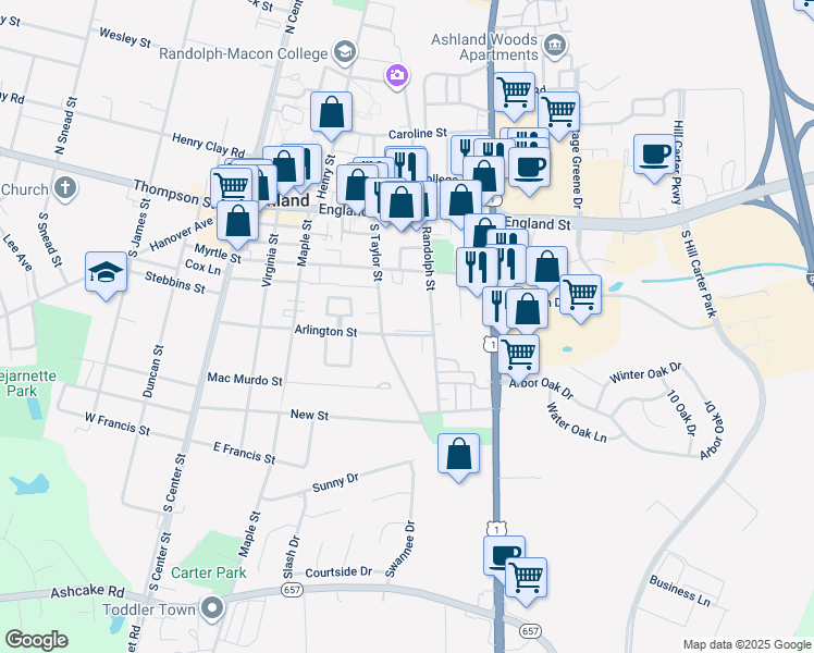 map of restaurants, bars, coffee shops, grocery stores, and more near 214 Randolph Street in Ashland