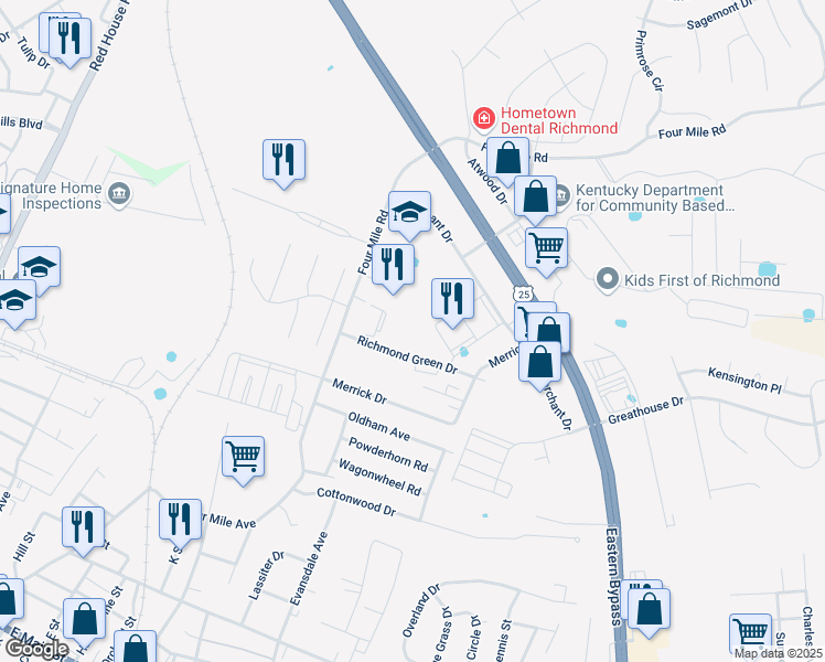 map of restaurants, bars, coffee shops, grocery stores, and more near 1117 Richmond Green Drive in Richmond