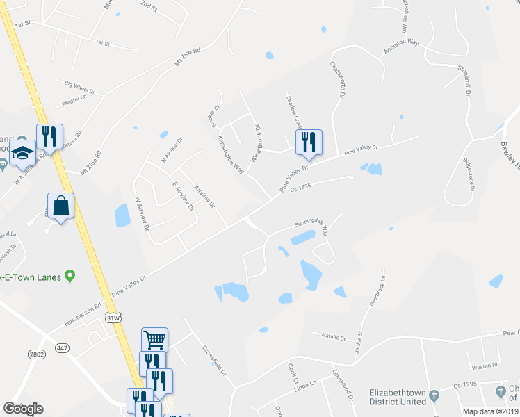 map of restaurants, bars, coffee shops, grocery stores, and more near 536 Pine Valley Drive in Elizabethtown