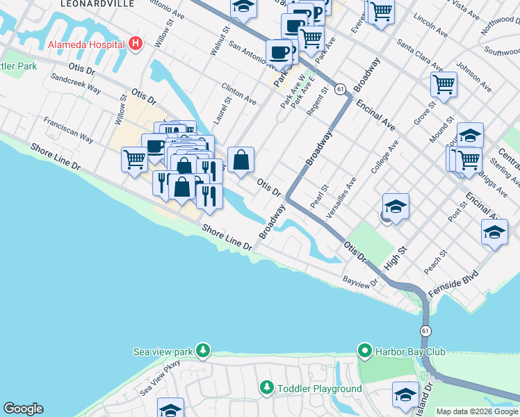 map of restaurants, bars, coffee shops, grocery stores, and more near 905 Del Mar Avenue in Alameda