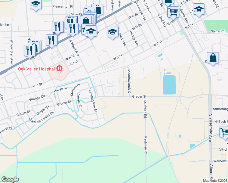 map of restaurants, bars, coffee shops, grocery stores, and more near 13 Wild Stallion Drive in Oakdale