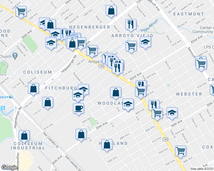 map of restaurants, bars, coffee shops, grocery stores, and more near 1331 81st Avenue in Oakland