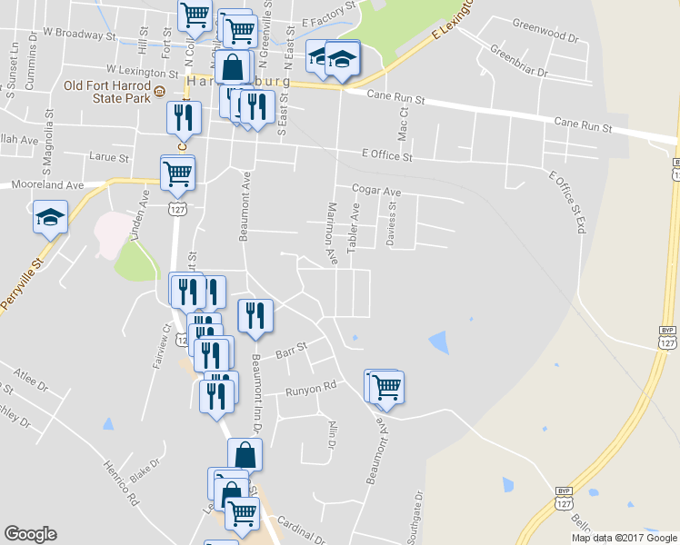 map of restaurants, bars, coffee shops, grocery stores, and more near 402 Magoffin Street in Harrodsburg