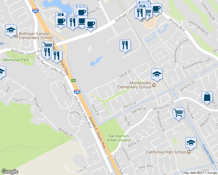 map of restaurants, bars, coffee shops, grocery stores, and more near 312 Cameron Circle in San Ramon