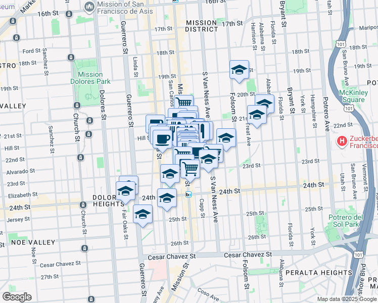 map of restaurants, bars, coffee shops, grocery stores, and more near 2619 Mission Street in San Francisco