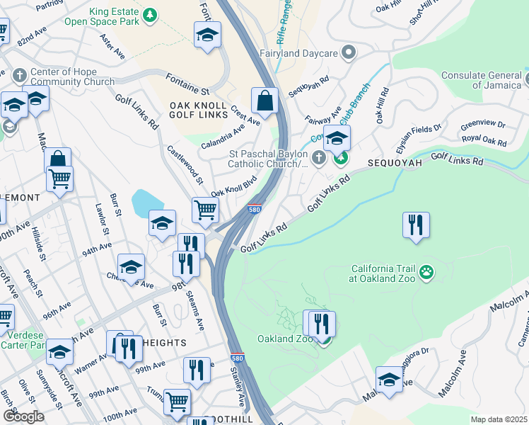 map of restaurants, bars, coffee shops, grocery stores, and more near 9680 Mountain Boulevard in Oakland