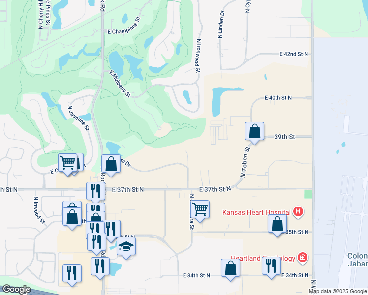 map of restaurants, bars, coffee shops, grocery stores, and more near 3939 North Comotara Street in Wichita