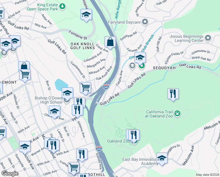 map of restaurants, bars, coffee shops, grocery stores, and more near 9680 Mountain Boulevard in Oakland