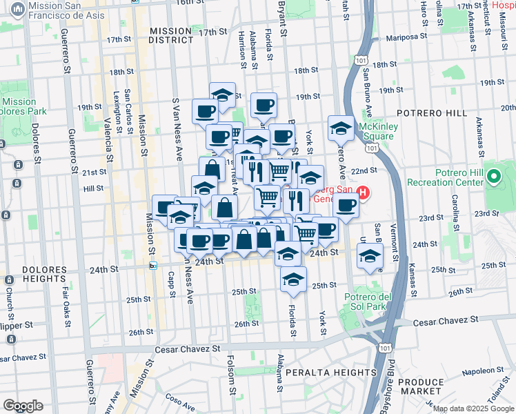 map of restaurants, bars, coffee shops, grocery stores, and more near 2641 Harrison Street in San Francisco