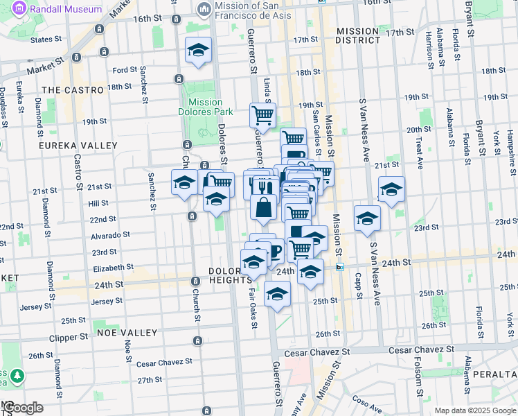 map of restaurants, bars, coffee shops, grocery stores, and more near 3433 22nd Street in San Francisco