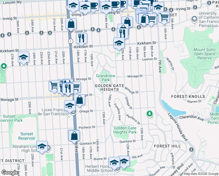map of restaurants, bars, coffee shops, grocery stores, and more near Noriega St & 14th Ave in San Francisco