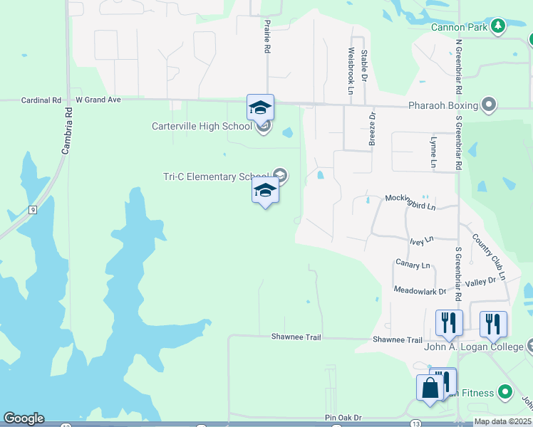 map of restaurants, bars, coffee shops, grocery stores, and more near 1405 West Grand Avenue in Carterville
