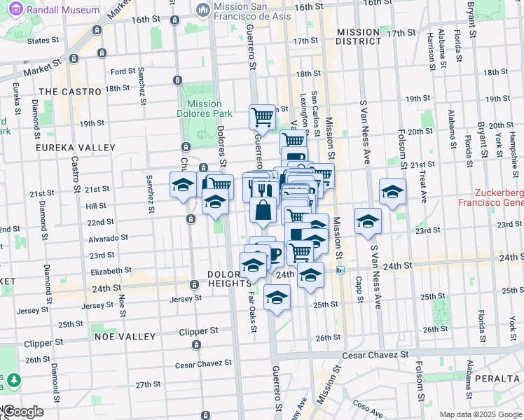 map of restaurants, bars, coffee shops, grocery stores, and more near Guerrero St & 22nd St in San Francisco