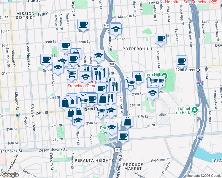 map of restaurants, bars, coffee shops, grocery stores, and more near 2540 23rd Street in San Francisco