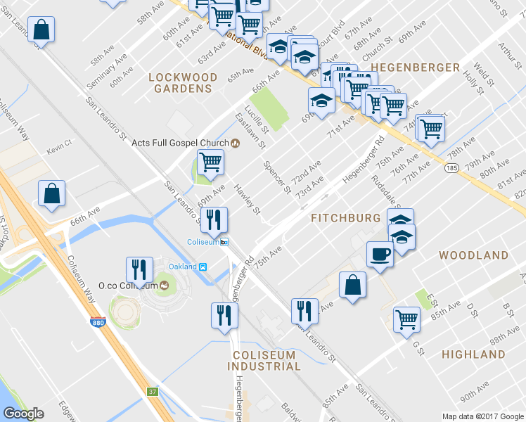 map of restaurants, bars, coffee shops, grocery stores, and more near 902 72nd Avenue in Oakland
