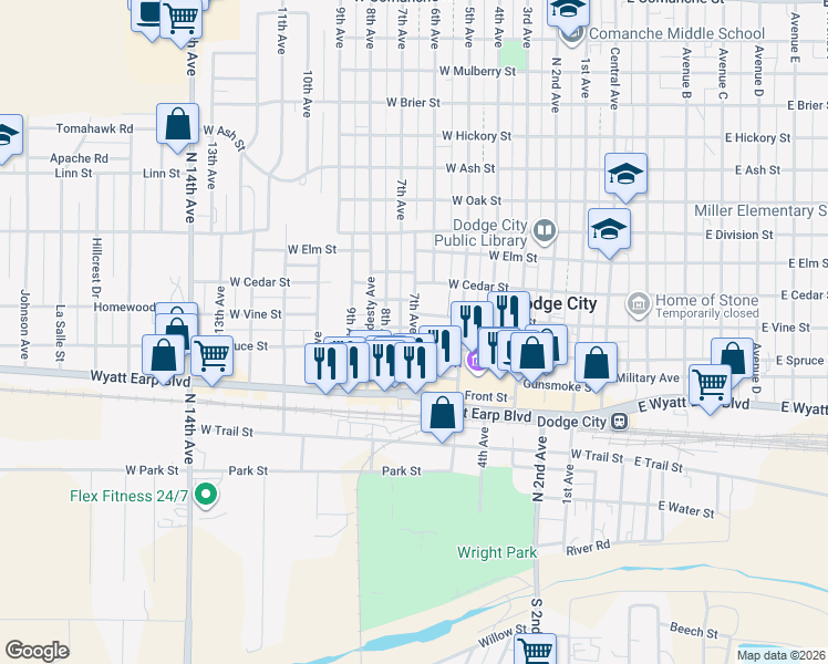 map of restaurants, bars, coffee shops, grocery stores, and more near 707 Ford County Avenue in Dodge City