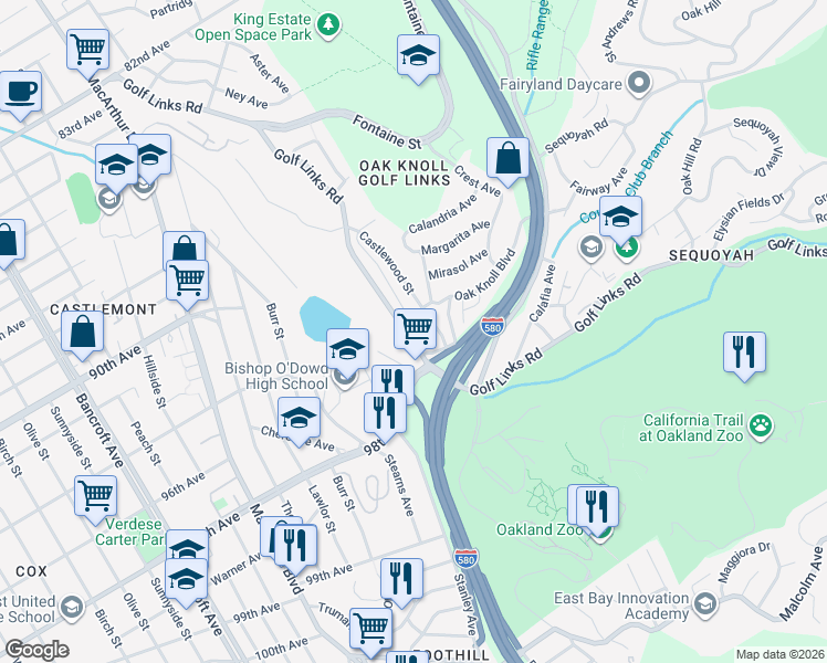 map of restaurants, bars, coffee shops, grocery stores, and more near 9526 Golf Links Road in Oakland