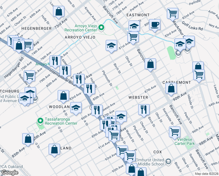 map of restaurants, bars, coffee shops, grocery stores, and more near 1663 85th Avenue in Oakland