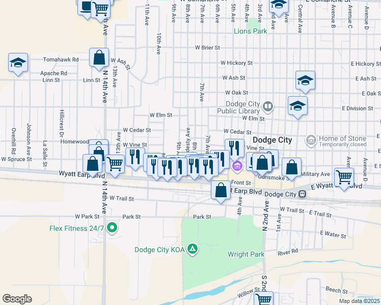 map of restaurants, bars, coffee shops, grocery stores, and more near 801 Ford County Avenue in Dodge City