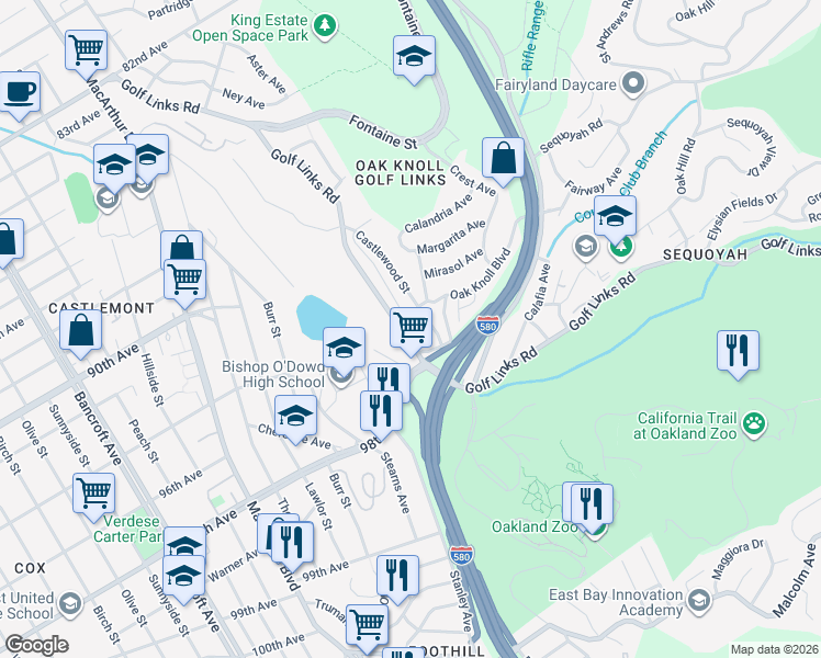 map of restaurants, bars, coffee shops, grocery stores, and more near 9526 Golf Links Road in Oakland