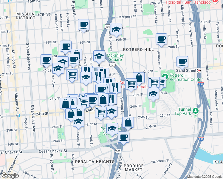 map of restaurants, bars, coffee shops, grocery stores, and more near 1001 Potrero Avenue in San Francisco
