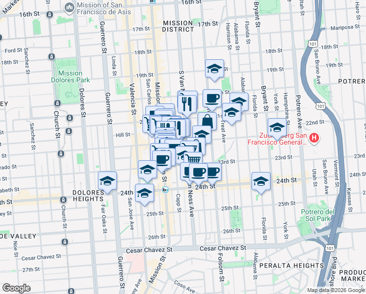 map of restaurants, bars, coffee shops, grocery stores, and more near 1136 South Van Ness Avenue in San Francisco