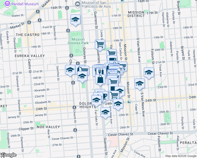map of restaurants, bars, coffee shops, grocery stores, and more near 3433 22nd Street in San Francisco