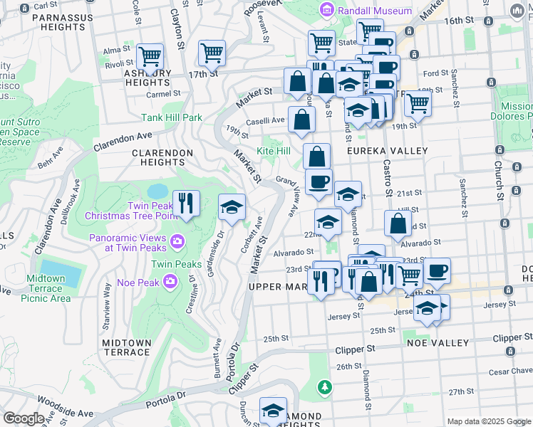 map of restaurants, bars, coffee shops, grocery stores, and more near 3678 Market Street in San Francisco