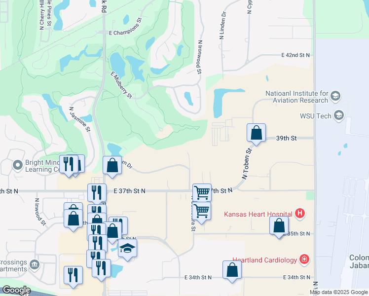 map of restaurants, bars, coffee shops, grocery stores, and more near 3939 North Comotara Street in Wichita